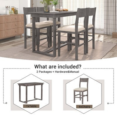 5-Piece Farmhouse Counter Height Dining Table Set with 1 Rectangular Dining Table and 4 Dining Chairs for Small Places - ModernLuxe