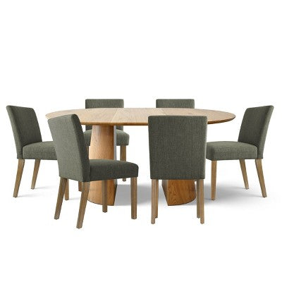 47-83 Extendable Dining Table Set for 6, Natural Wood-Tone Table and 6 Linen Armless Chairs with Solid Wood Legs for Dining Room-Panipeachy
