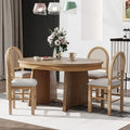 Rattan Round Dining Table Set for 4, Extendable Dining Set with 4 Upholstered Chairs, Kitchen Table and Chairs Set for Small Space, Natural Wood Wash