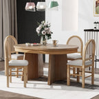 Rattan Round Dining Table Set for 4, Extendable Dining Set with 4 Upholstered Chairs, Kitchen Table and Chairs Set for Small Space, Natural Wood Wash