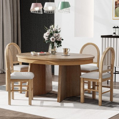 Rattan Round Dining Table Set for 4, Extendable Dining Set with 4 Upholstered Chairs, Kitchen Table and Chairs Set for Small Space, Natural Wood Wash