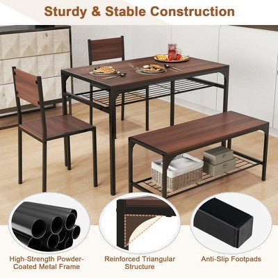 Costway Dining Table Set for 4 Rectangular Table with 2 Chairs, 1 Bench, Storage Racks Rustic Brown/Gray/Brown
