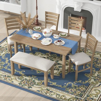6-Piece Farmhouse Dining Table Set Dining Set with Rustic Dining Table, 4 High-back Dining Chairs and Bench, Natural Wood Wash/Gray-ModernLuxe