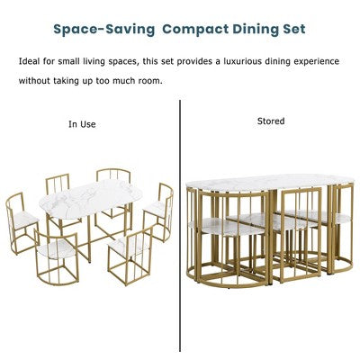 Modern Marble Dining Table Set for 6 with Metal Frame, Rectangular Marble Sticker Table and 6 Chairs for Dining Room Kitchen