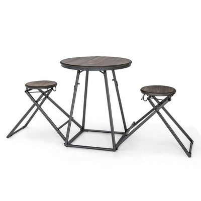 Costway 3-Piece Bar Table Set Round Pub Dining Table & 2 Foldable Stools w/ Metal Frame