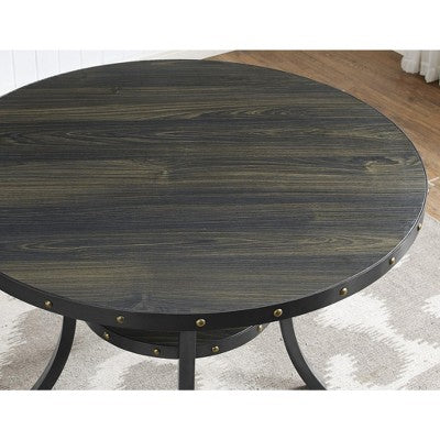 Roundhill Furniture Biony Espresso Wood Counter Height Dining Set with Tan Fabric Nailhead Stools