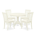 HomeStock 5-Piece Round Linen White Finish Solid Wood Top Dining table with 4 Chairs with Slat Back