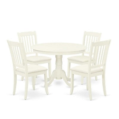 HomeStock 5-Piece Round Linen White Finish Solid Wood Top Dining table with 4 Chairs with Slat Back