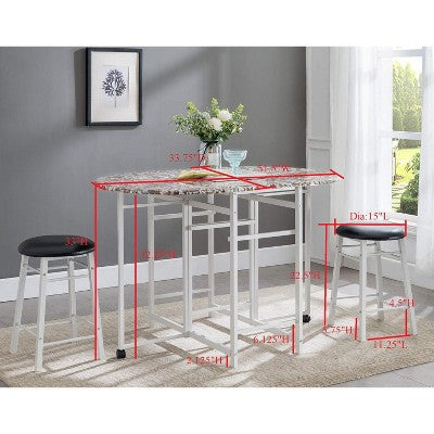 Kings Brand Furniture  Akins 3-Piece Drop-Leaf Dinette Set with Faux Marble Tabletop and Faux Leather Stools