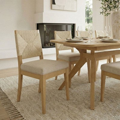 Expandable Dining Table Set for 6/8, Japandi Dining Room Furniture, Rope Back Chairs with Beige Upholstered Seats-Panipeachy