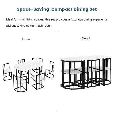 Modern Marble Dining Table Set for 6 with Metal Frame, Rectangular Marble Sticker Table and 6 Chairs for Dining Room Kitchen