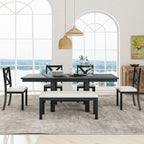 Farmhouse Extendable Dining Table Set for 6, Solid Wood Rectangular Kitchen Table Set with Removable Leaf, 4 Upholstered Chairs and Bench
