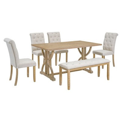 6 PCS Retro Dining Table Set, Rectangular Table with Unique Legs and Upholstered Chairs-ModernLuxe