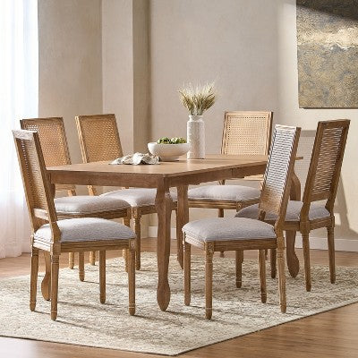 Christopher Knight Home Regan 7 Piece French Country Fabric Upholstered Wood and Cane Expandable Dining Set