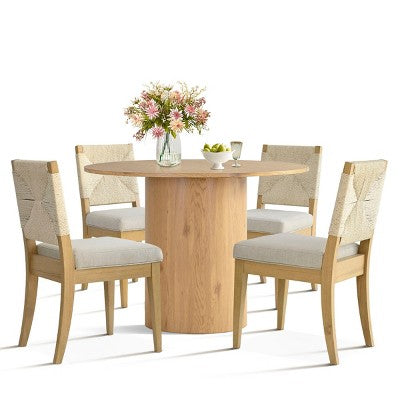5-Piece Round Dining Table Set, 41.5 Pedestal Table and Beige Upholstered Chairs with Solid Wood Legs for Kitchen or Breakfast Nook-Panipeachy