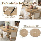 Farmhouse 5 Piece Kitchen Dining Set for 4, Solid Wood Extendable Round Dining Table Set and 4 Upholstered Chairs for Kitchen