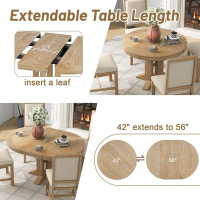 Farmhouse 5 Piece Kitchen Dining Set for 4, Solid Wood Extendable Round Dining Table Set and 4 Upholstered Chairs for Kitchen