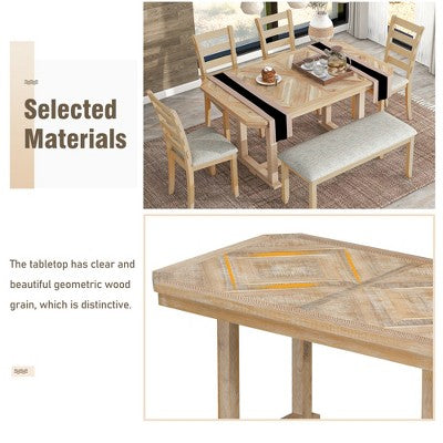 6 PCS Rubber Wood Dining Table Set with Beautiful Wood Grain Veneer Tabletop and Soft Cushion-ModernLuxe