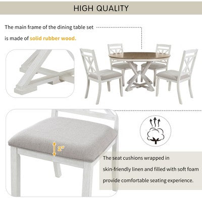 Farmhouse Extendable Round Dining Set for 4, Kitchen Dining Table Set with 4 Upholstered Dining Chairs for Dining Room