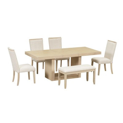 6 Piece Extendable Dining Table Set Dining Set with Removable Leaf, 4 Upholstered Dining Chairs and Bench, Natural+Beige - ModernLuxe