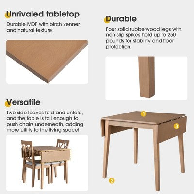 3 Piece Expandable Dining Set with 2 Upholstered Chairs, Wood Dining Table with Drop Leaf for Small Place