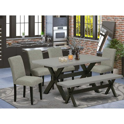 HomeStock 6-Pc Rectangle Natural Oak Finish Solid Wood Top Dining Table with 1-Bench, 4-Chairs