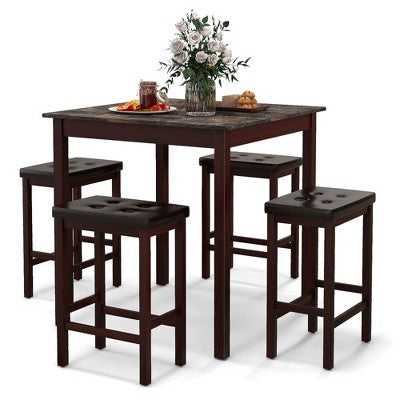 Costway 5 PCS Bar Table Set Square Dining Table & 4 PVC Leather Upholstered Bar Stools Brown/White