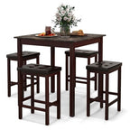 Costway 5 PCS Bar Table Set Square Dining Table & 4 PVC Leather Upholstered Bar Stools Brown/White