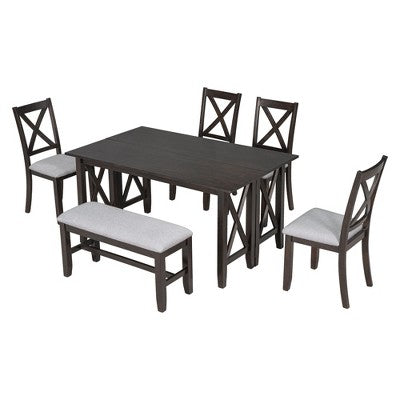 6 Piece Extendable Dining Table Set Dining Set Small Dinette Kitchen Table Set with Foldable Table, 4 Upholstered Chairs, Bench, Gray/Espresso-HABITRI