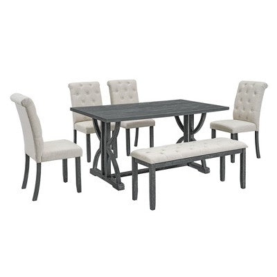 6 PCS Retro Dining Table Set, Rectangular Table with Unique Legs and Upholstered Chairs-ModernLuxe