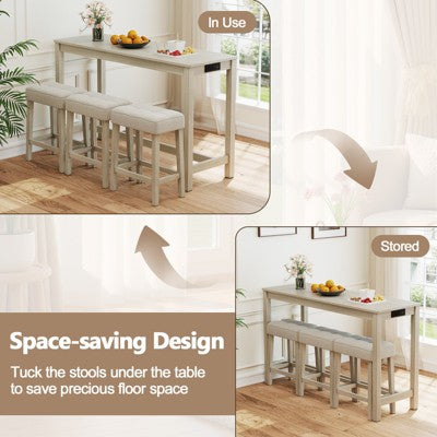 Costway 4PCS Bar Table Set w/Charging Station 3 Padded Stools for Living Room Kitchen
