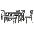 6 Piece Extendable Dining Table Set Dining Set Small Dinette Kitchen Table Set with Foldable Table, 4 Upholstered Chairs, Bench, Gray/Espresso-HABITRI