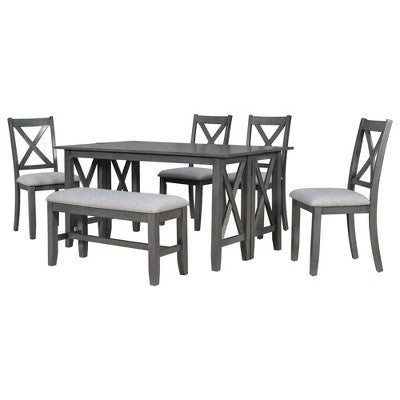 6 Piece Extendable Dining Table Set Dining Set Small Dinette Kitchen Table Set with Foldable Table, 4 Upholstered Chairs, Bench, Gray/Espresso-HABITRI