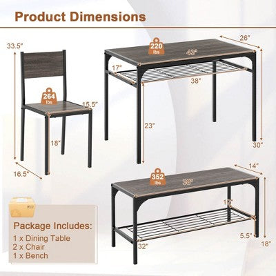 Costway Dining Table Set for 4 Rectangular Table with 2 Chairs, 1 Bench, Storage Racks Rustic Brown/Gray/Brown