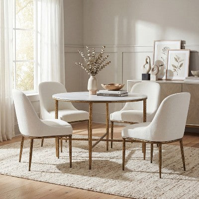 Christopher Knight Home Valeska 5 Piece Industrial Luxe Hand-Forged Sintered Stone Dining Table with Upholstered Dining Chairs