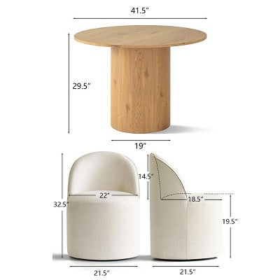 Dining Table Set for 4, Upholstered Barrel Chair with Castors and Round Pedestal Table for Kitchen or Breakfast Nook-Panipeachy