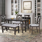 6 Piece Extendable Dining Table Set Dining Set Small Dinette Kitchen Table Set with Foldable Table, 4 Upholstered Chairs, Bench, Gray/Espresso-HABITRI