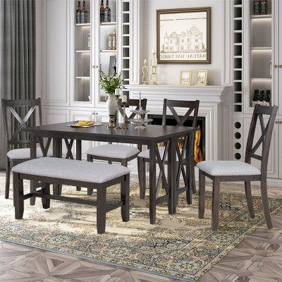 6 Piece Extendable Dining Table Set Dining Set Small Dinette Kitchen Table Set with Foldable Table, 4 Upholstered Chairs, Bench, Gray/Espresso-HABITRI