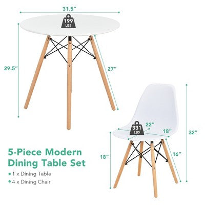 Costway Dining Table Set Modern 5 PCS For 4 Round Dining Room Table Set with Solid Wood Leg Black/Brown/White