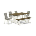 HomeStock 6-Piece Rectangle Distressed Jacobean Finish Solid Wood Top Dining Table with 1-Bench, 4-Chairs