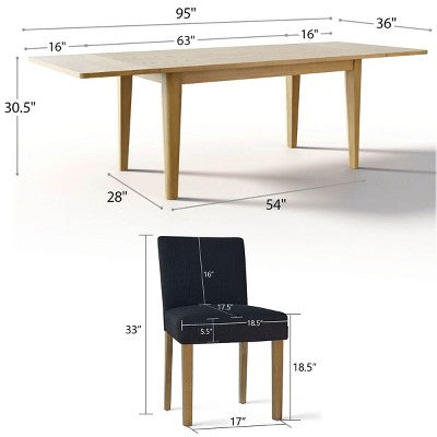 Expandable Dining Table Set for 8, Rectangular Table with Removable Leaves and Armless Linen Chairs, Featuring Solid Wood Legs-Panipeachy