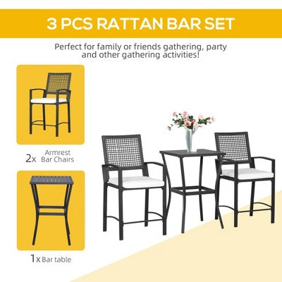 3pcs Patio Bar Set with Soft Cushion, Rattan Wicker Outdoor Furniture Set for Backyards, Lawn, Deck