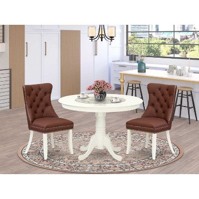3-Piece Linen White Finish Solid Wood Top-Round Upholstered Dining Room Set-Seats 4