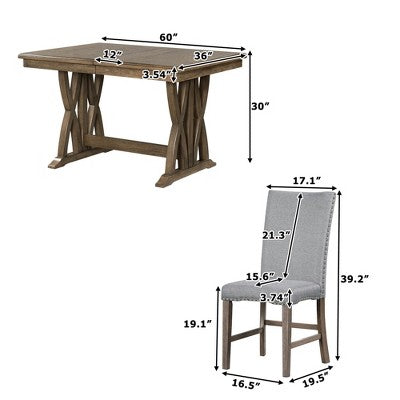 7 PCS Extendable Dining Set for 6, Dining Table Set with 6 Upholstered Dining Chairs, Mid-Century Style, Golden Brown+Gray-ModernLuxe