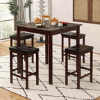 Costway 5 PCS Bar Table Set Square Dining Table & 4 PVC Leather Upholstered Bar Stools Brown/White