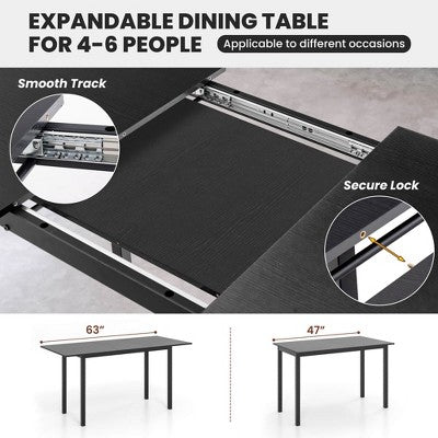 Costway 3 Piece Dining Table Set for 4-6 63Kitchen Table with 2 Benches Metal Frame Black/Walnut