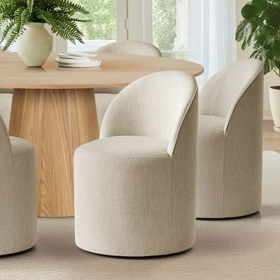 Round Dining Table Set For 6, Upholstered Barrel Dining Chairs With Castors, Linen Blend Fabric, Curved Back Support - Panipeachy