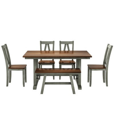Farmhouse 6-Piece Wood Dining Table Set with Long Bench and 4 Dining Chairs-ModernLuxe