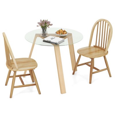 Costway 3 PCS Dining Set for 2 Round Table with 2 Chairs Solid Rubber Wood Frame Modern Black/Beige