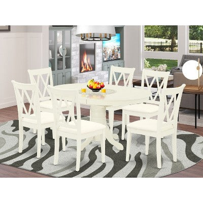 HomeStock 7 Piece Linen White Dining Room Table Set Oval Table with 6 Chairs